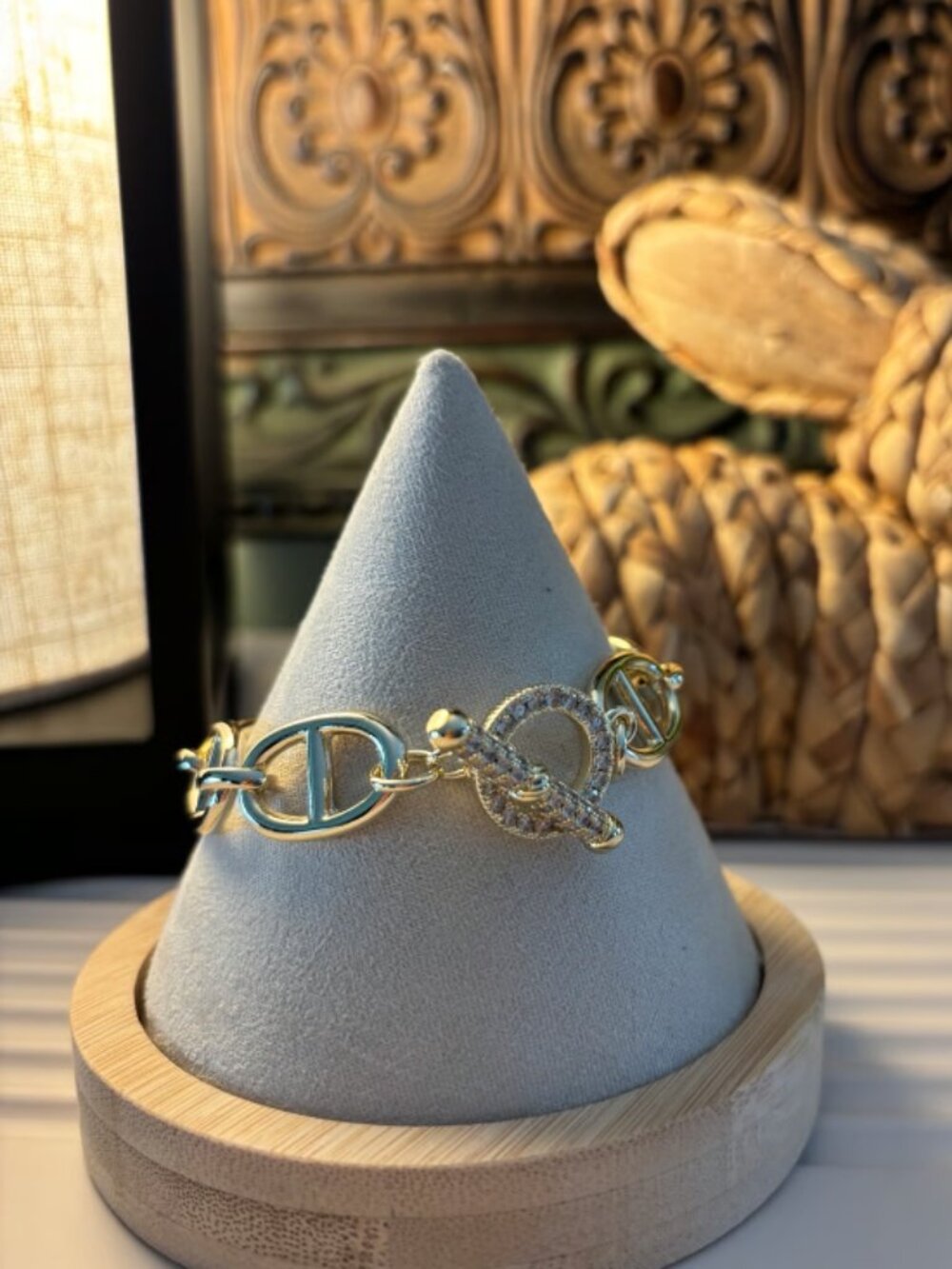 Gold and CZ toggle bracelet